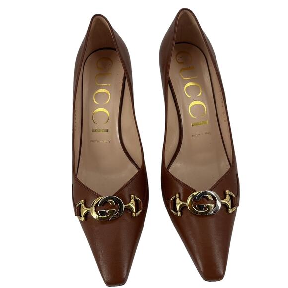GUCCI Zumi 75 Pumps Brown Leather High Heel Slip On G Logo Buckle Size 9.5 - Picture 3 of 9
